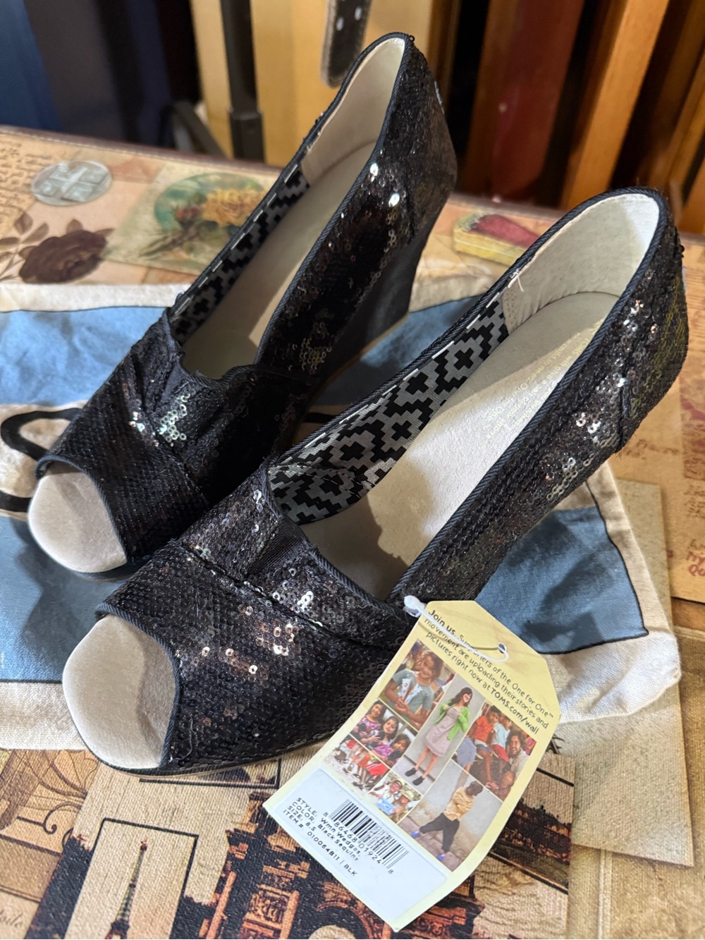 TOMS Black Sequin Peep-Toe Wedges